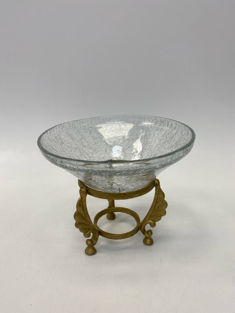 Clear Gold Metal Crackle Glass Decorative Bowl
