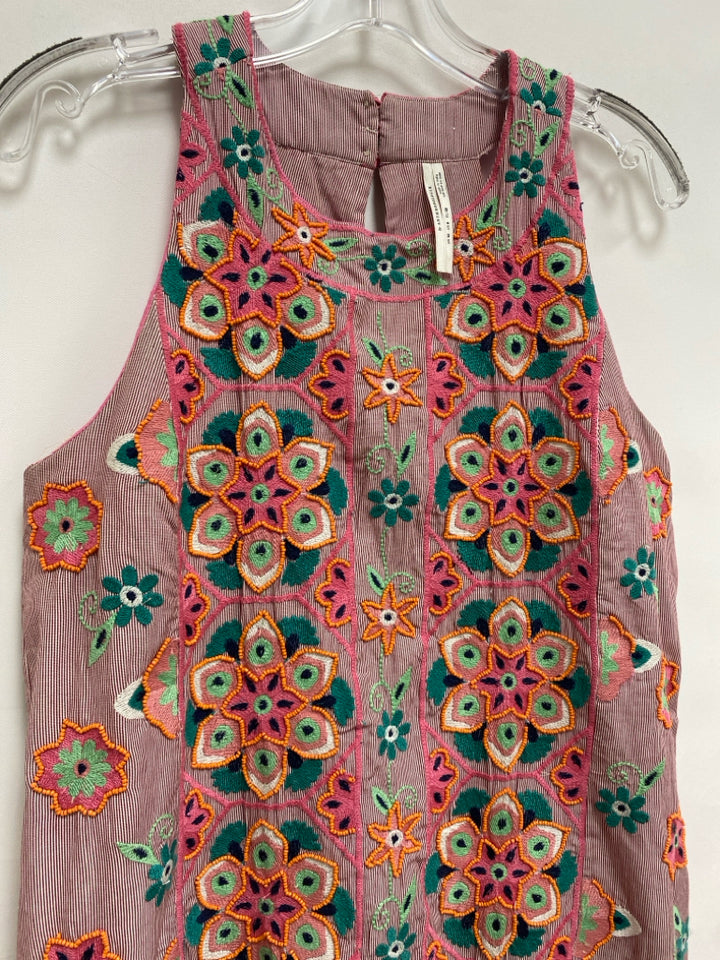 Anthropologie Size 6 Pink/Green Orange Flowers Sleeveless Beaded Ladies Dress