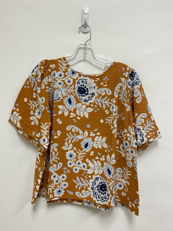 NWT LOFT Size L Tan/Cream Blue Floral Ladies Top