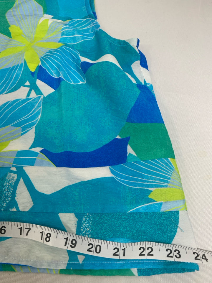 HabitaT Size M Aqua White/Green Flowers Sleeveless Ladies Top