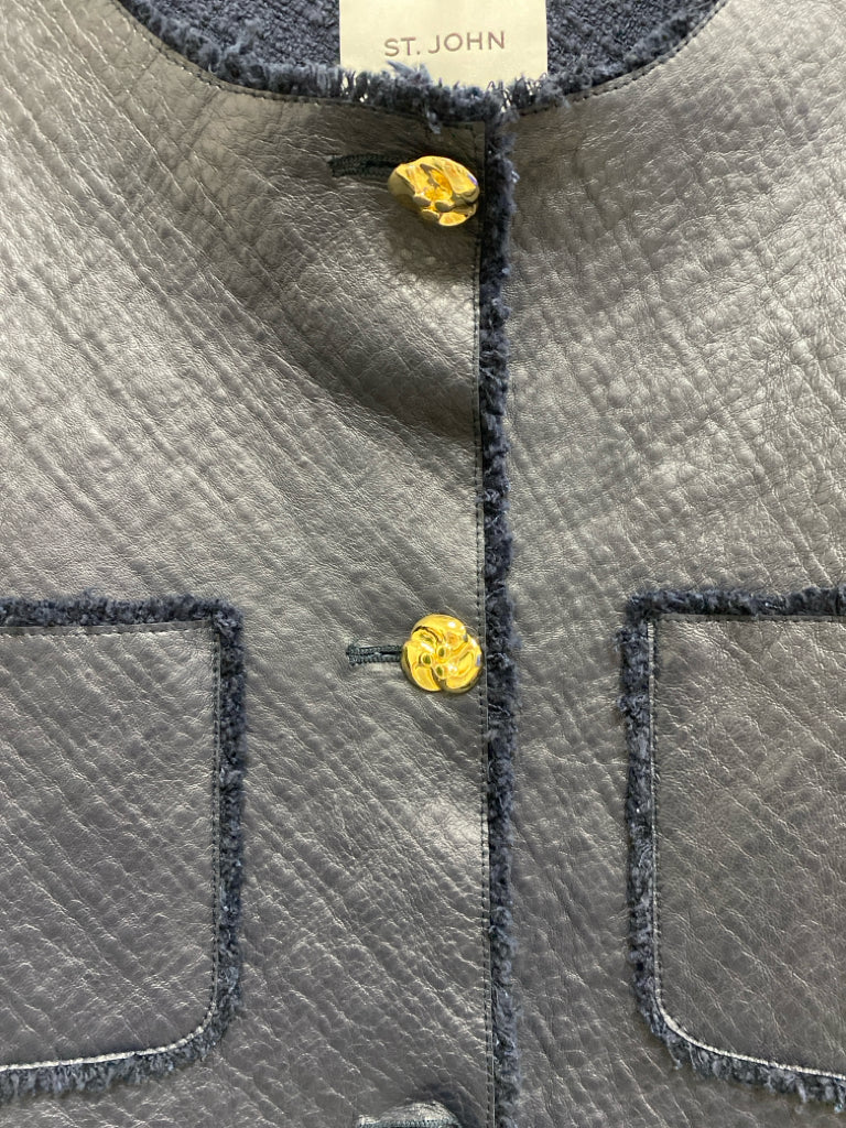ST. JOHN Size 6 Navy Button Up Leather Ladies Jacket