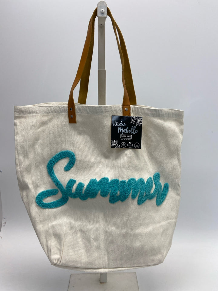 NWT  Size Cream Turquoise Word(s) Tote Bag