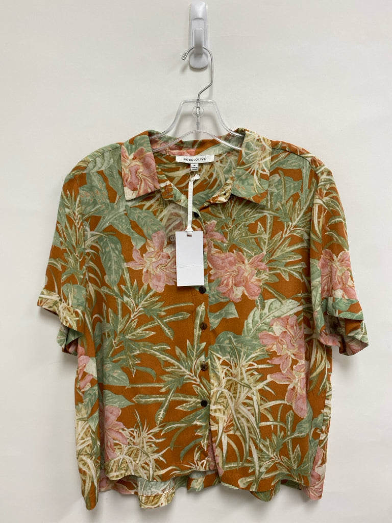 NWT Rose + Olive Size M Cream Terra Cotta/Green Tropical Button Up Ladies Top