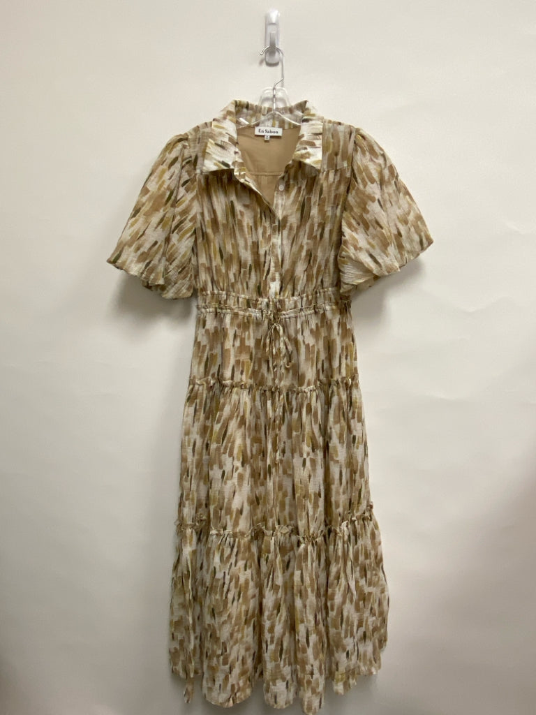 Size M Beige Tan/Green Print Maxi Ladies Dress