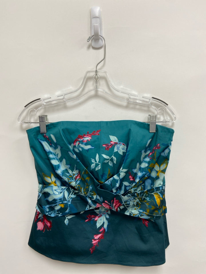 Wht House/Blk Mkt Size 6 Teal Green Multi Color Floral Strapless Ladies Top