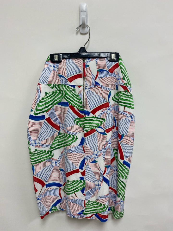 Anthropologie Size 10 White/Red Blue/Green Umbrella Button Up Ladies Skirt