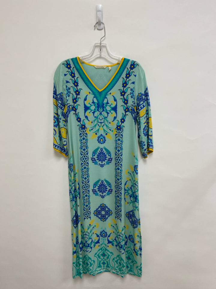 Soft Surroundings Size XSP Aqua/Blue Yellow Floral 3/4 Sleeve Petite Dress