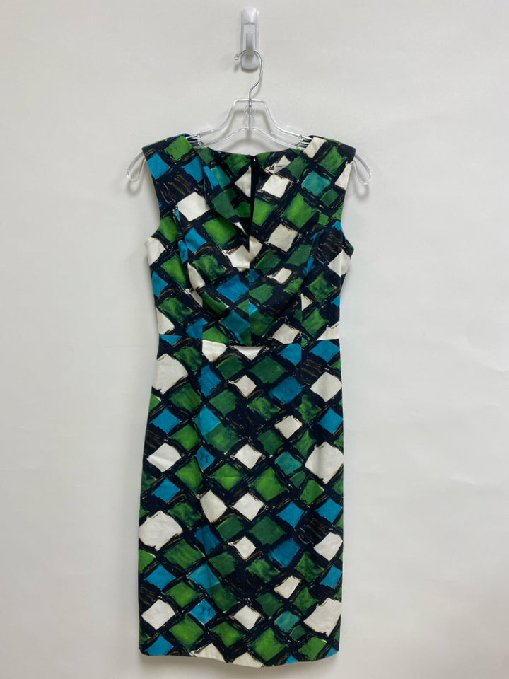 MILLY Size 2 Blue/Green Black/White Diamond Print Sleeveless Cotton Ladies Dress