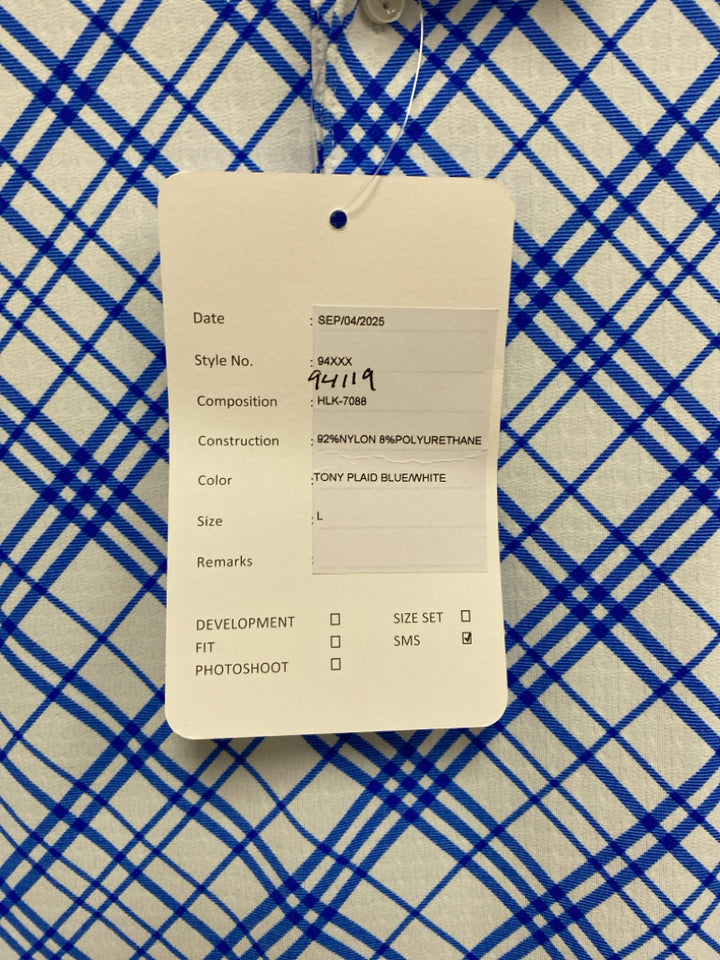 NWT IBKUL Size L White Blue Plaid Polo Men&