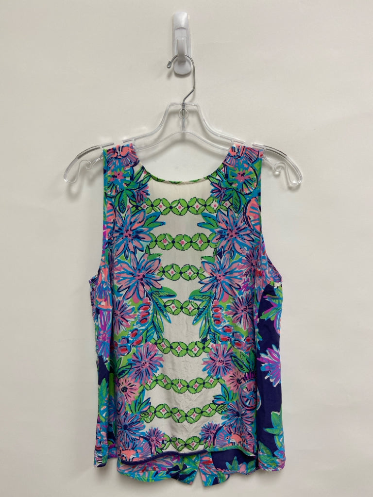 LILLY PULITZER Size L Blue Pink/White Floral Sleeveless Silk Ladies Top