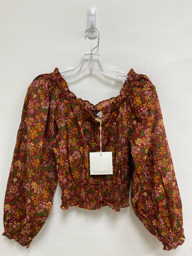 NWT OLIVIA JAMES Size S Burgundy Orange/Green Floral Cropped Ladies Top