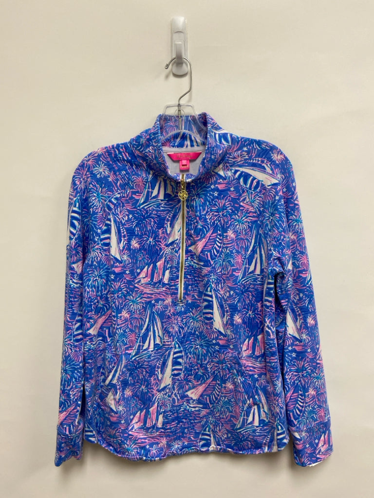 LILLY PULITZER Size M Blue Pink/White Palm Trees Ladies Pullover