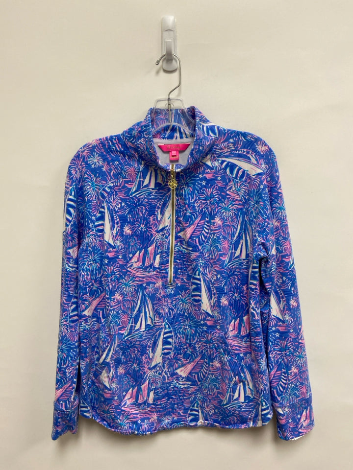 LILLY PULITZER Size M Blue Pink/White Palm Trees Ladies Pullover