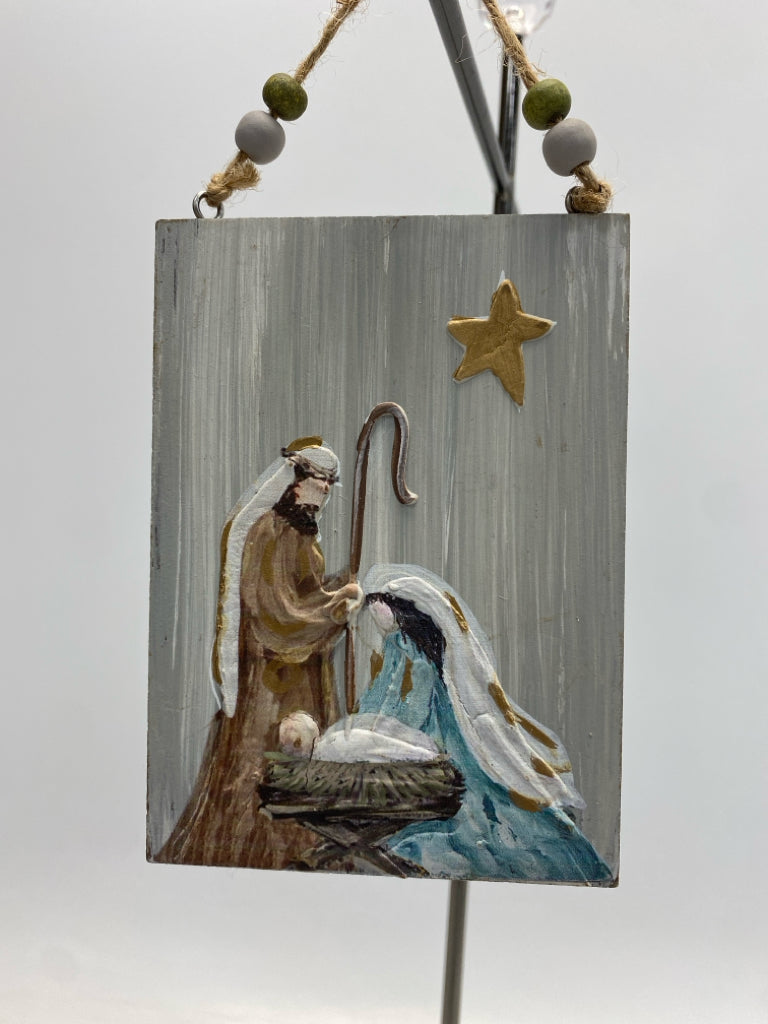 Gray Gold/Multi Nativity Wood Ornaments