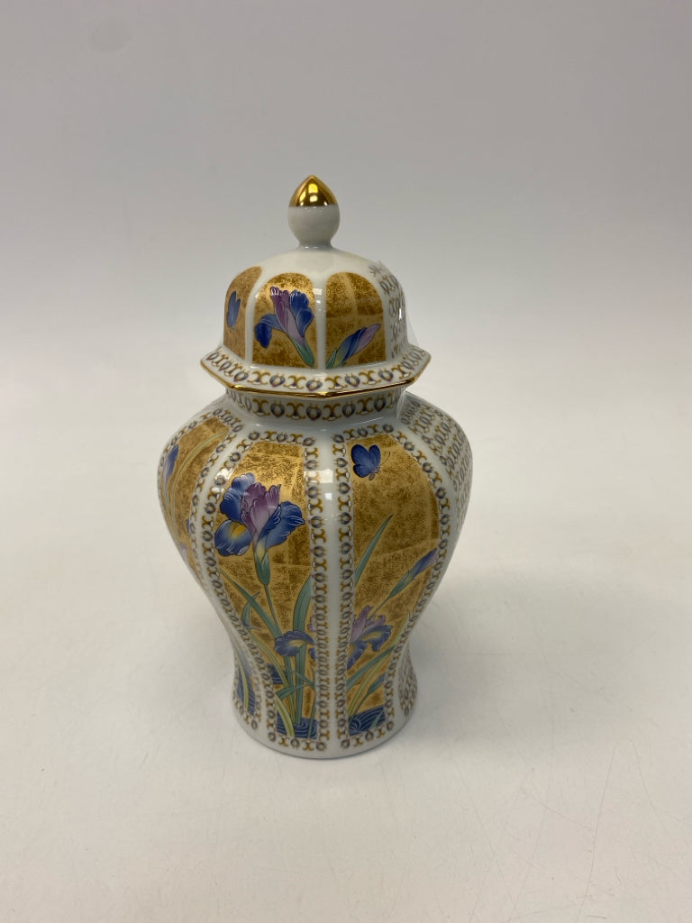 Gold Blue/White Butterflies/Flowers Porcelain Jar