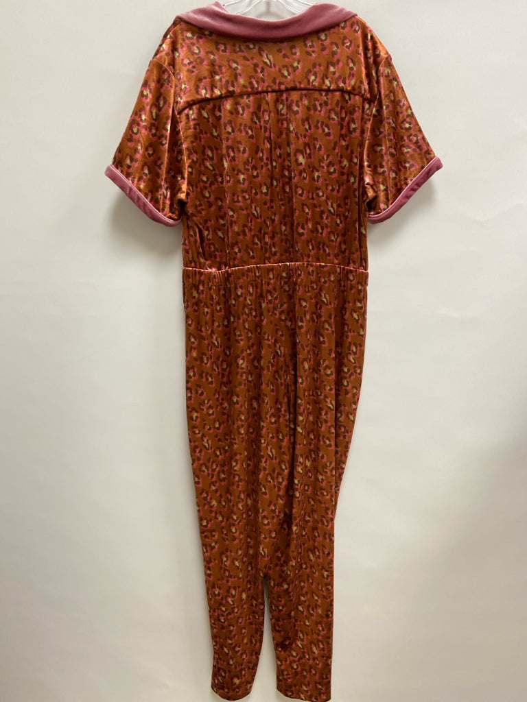 Size 1X Brown Pink Animal Print Velour Plus Size Jumpsuit