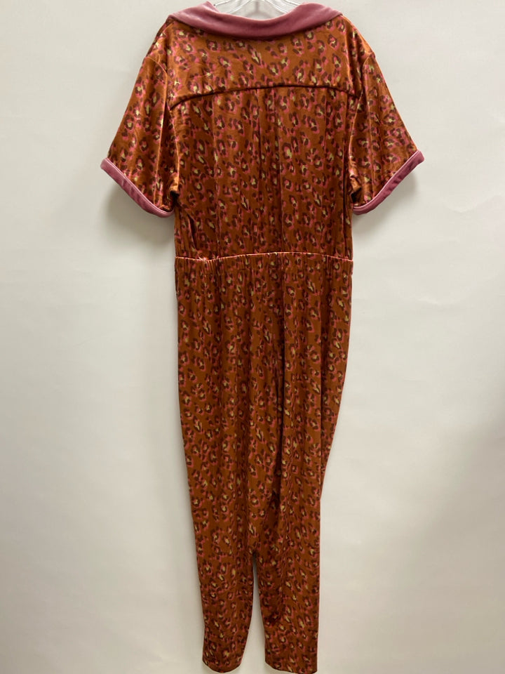 Size 1X Brown Pink Animal Print Velour Plus Size Jumpsuit